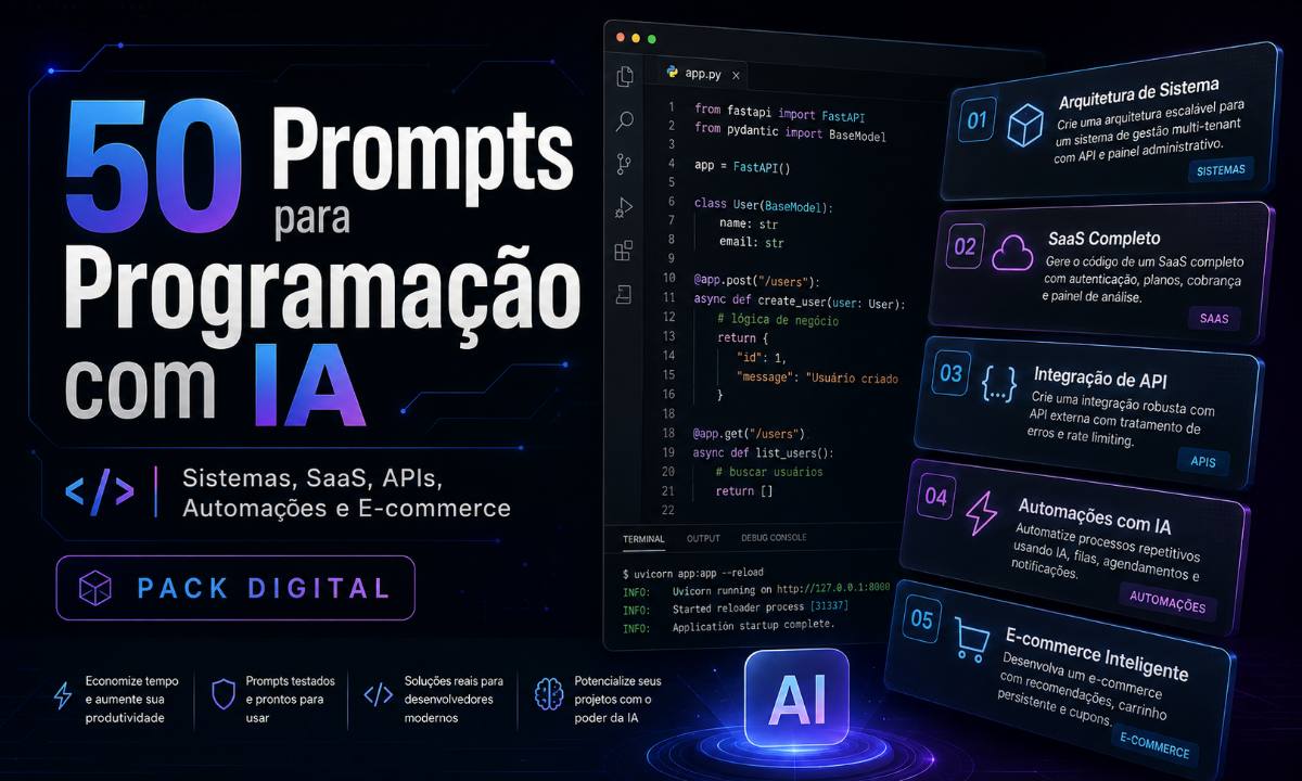 50 Prompts para Programação com IA: Sistemas, SaaS, Automações, APIs e E-commerce
