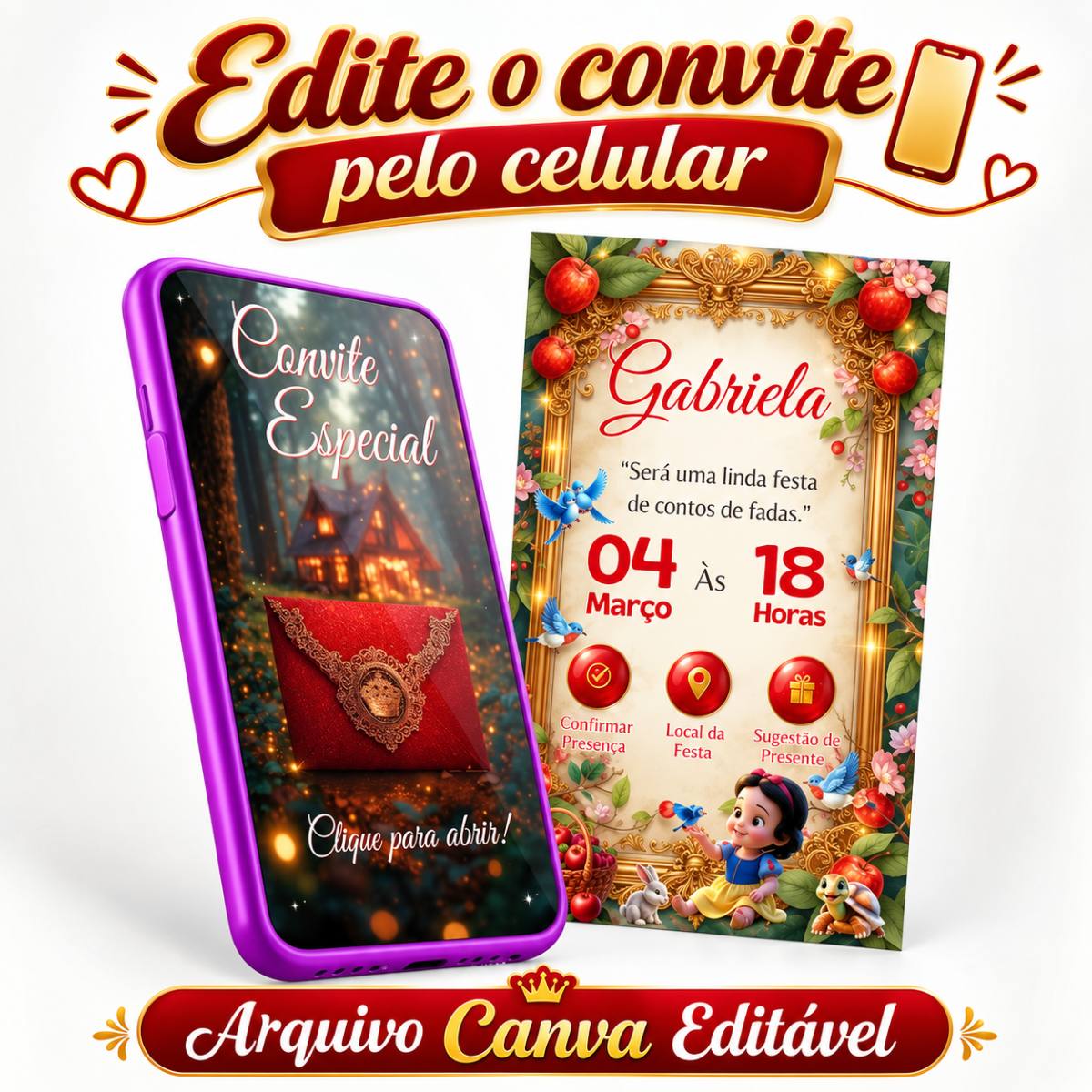 Convite Digital Branca de Neve Baby – Editável no Canva