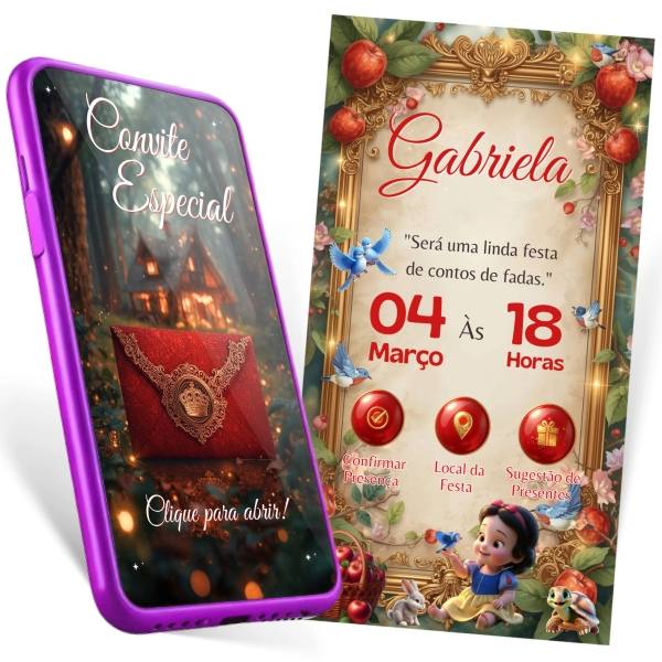 Convite digital branca de neve baby - Editável no Canva