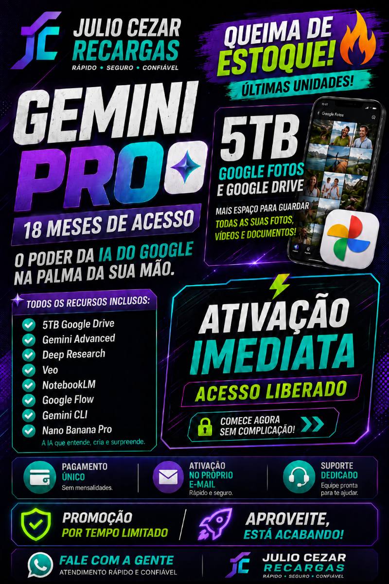 Gemini Pro + 5TB Google: 18 Meses de Acesso