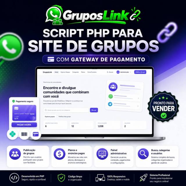 Script PHP GruposLink – Site de Divulgação de Grupos com Planos, Pagamentos e Painel Administrativo