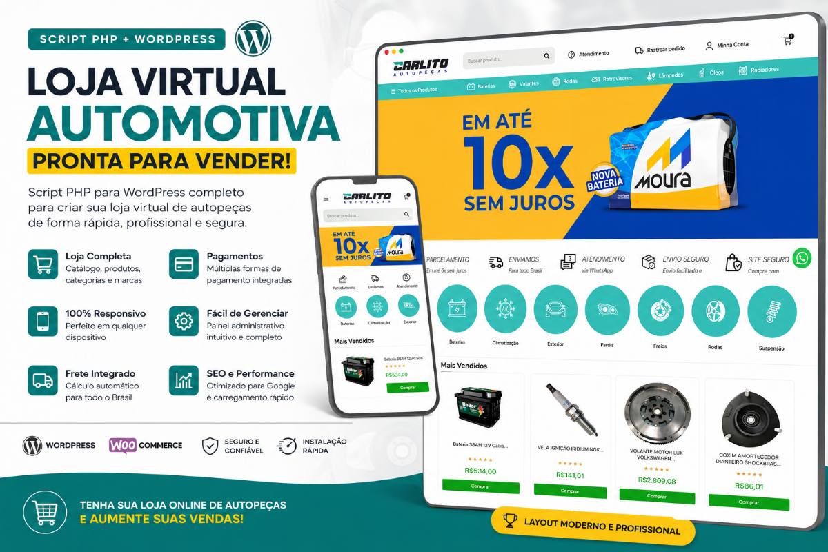 Loja Virtual de Autopeças WordPress + WooCommerce | Script PHP E-commerce Completo
