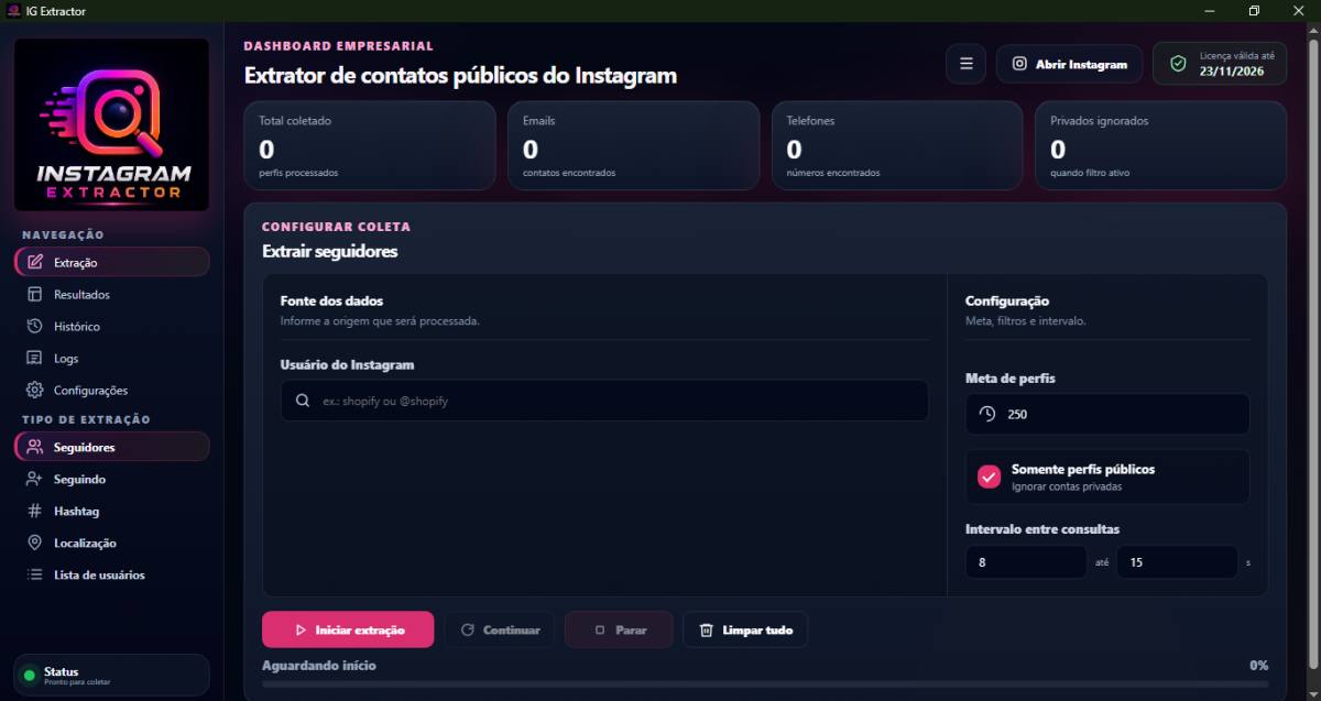 Extrator de Seguidores do Instagram 2026 – Leads, E-mails e Telefones