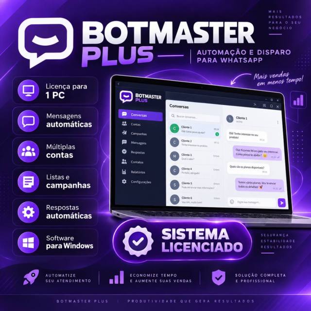 Software de Automação para WhatsApp com Disparos, Campanhas e Respostas Automáticas – BotMaster Plus 1 PC