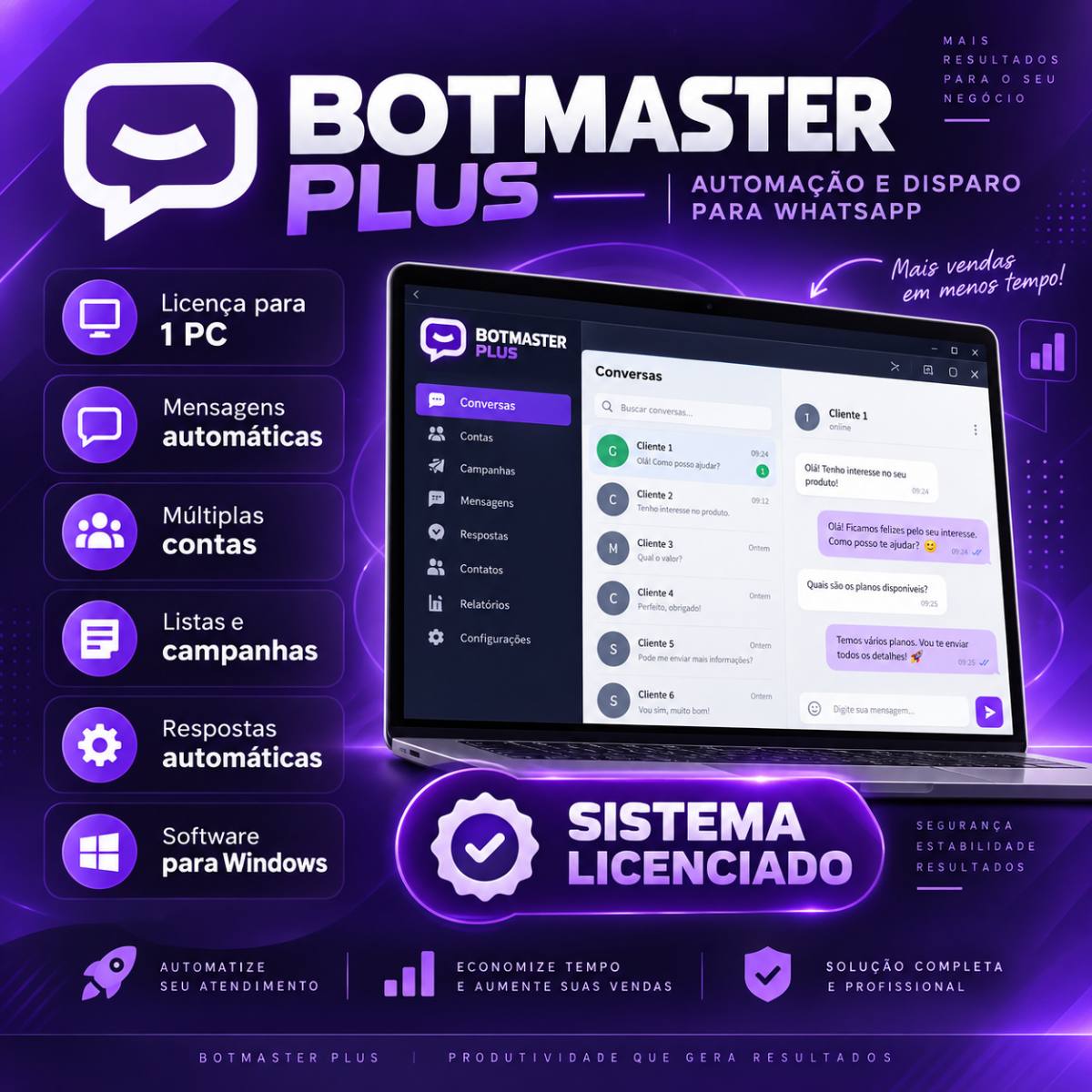 Software de Automação para WhatsApp com Disparos, Campanhas e Respostas Automáticas – BotMaster Plus 1 PC