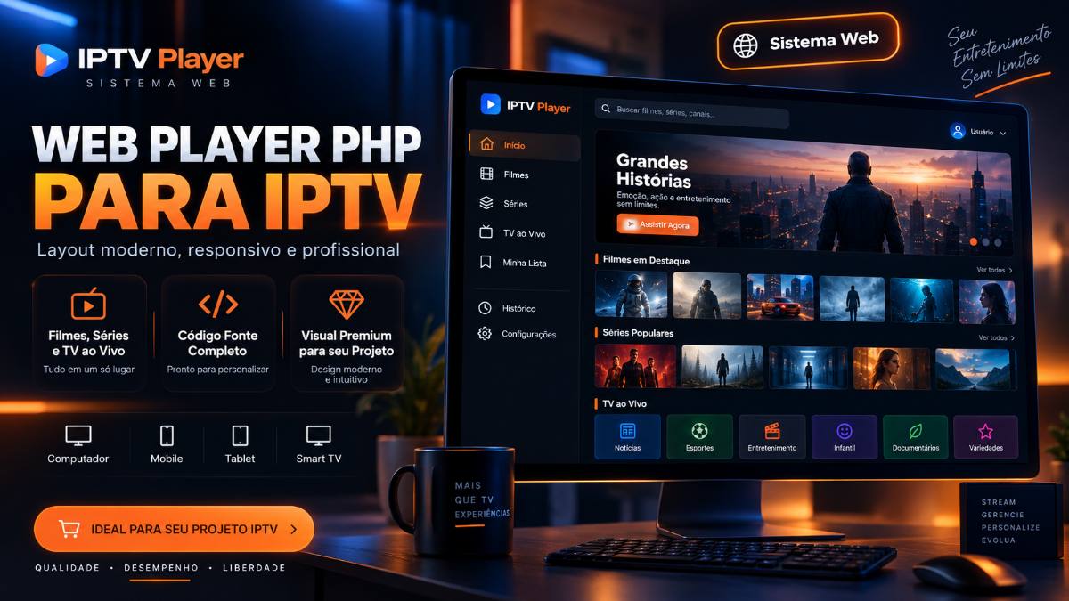 Player Web IPTV Completo – Filmes, Séries e TV ao Vivo + Painel Admin, White Label e PIX