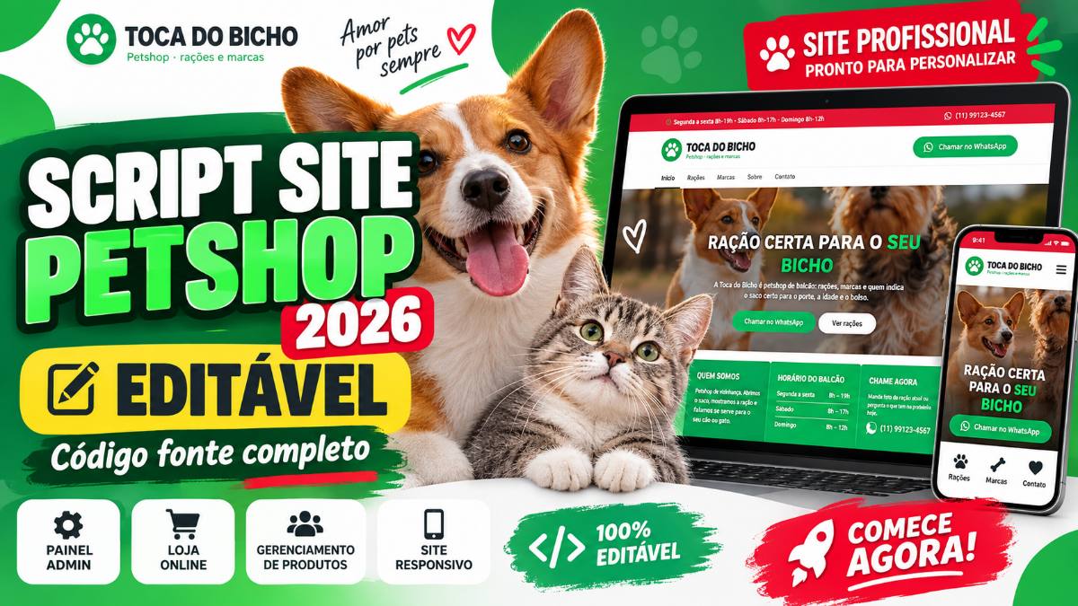 Script PHP para Site de Petshop 2026 – Código Fonte 100% Editável para Criar Sites para Clientes