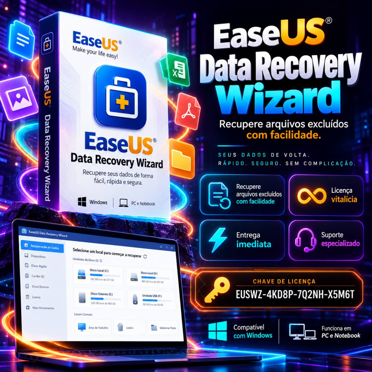 EaseUS Data Recovery Wizard V11.8 para Windows – Licença Digital + Recuperação de Arquivos
