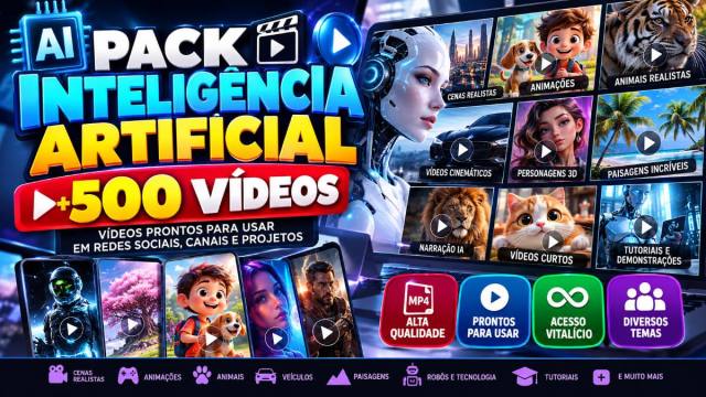 Pack Inteligência Artificial +500 Vídeos Prontos para Redes Sociais, Reels, Shorts e Projetos