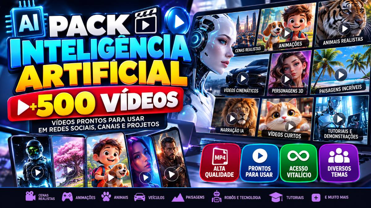 Pack Inteligência Artificial +500 Vídeos Prontos para Redes Sociais, Reels, Shorts e Projetos