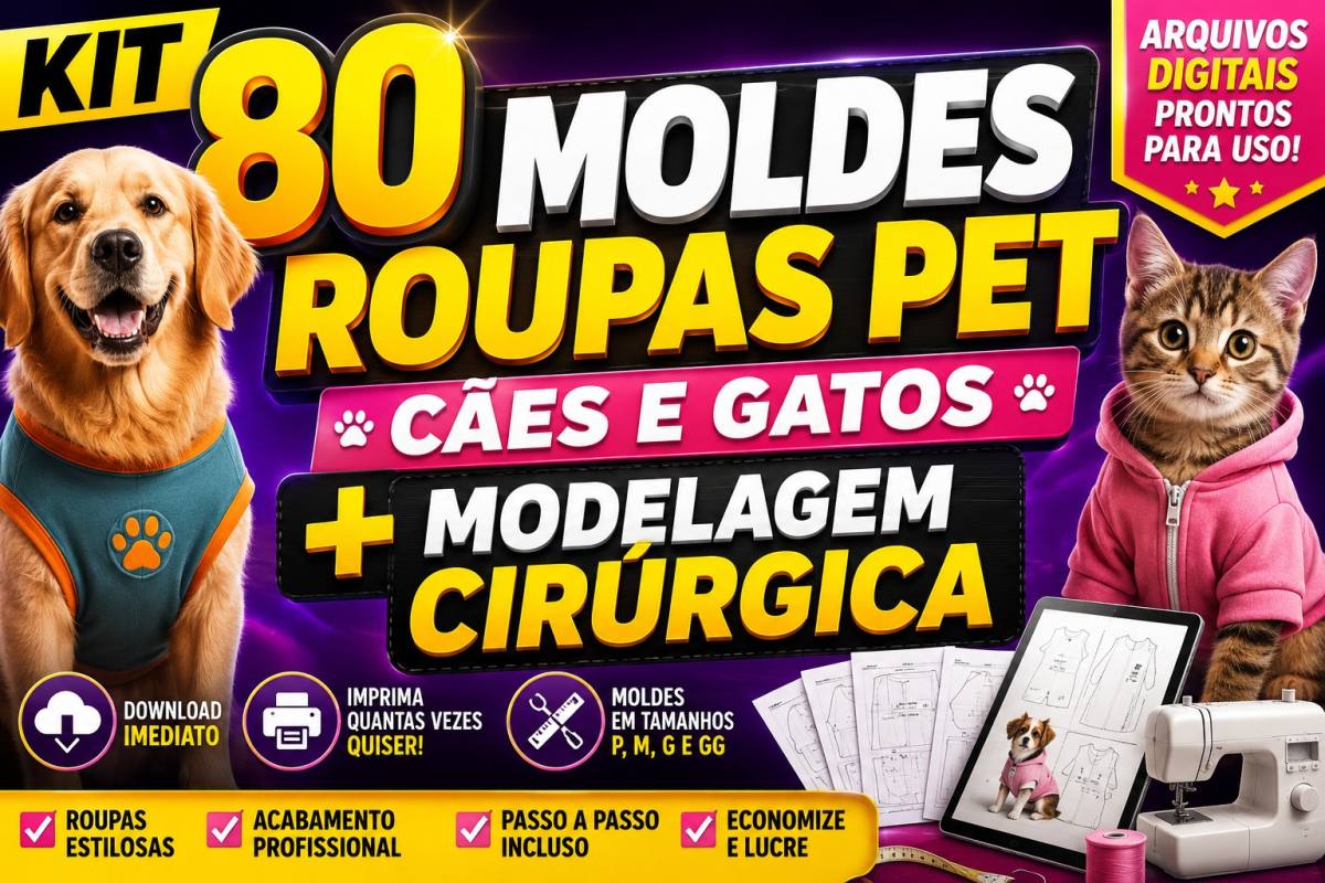 Kit com 80 Moldes de Roupas Pet Cães e Gatos + Modelagem Cirúrgica