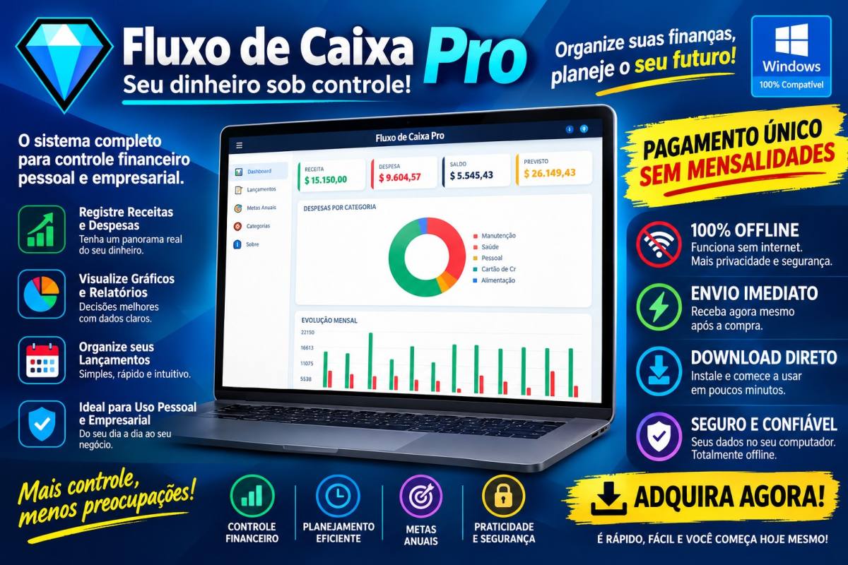Fluxo de Caixa Pro - Software de Controle Financeiro (Sem Mensalidades)