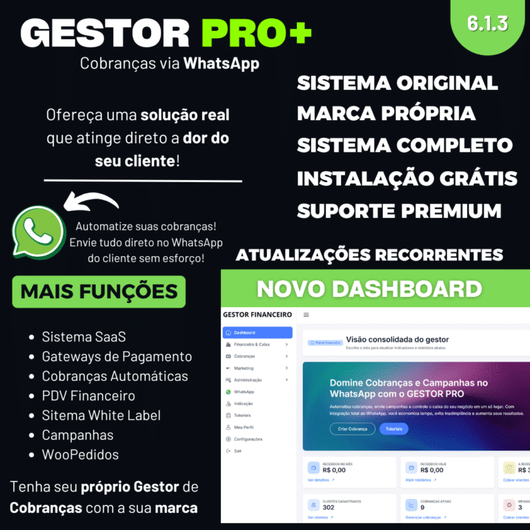 Sistema de Cobranças para WhatsApp Via Pix - Gestor PRO+ White Label 2026 — PLW Design