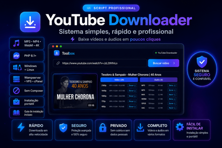 Script YouTube Downloader PHP 8.1+ com Interface Profissional para Baixar Vídeos e Áudios — PLW Design